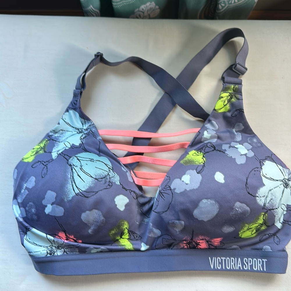 Victoria's Secret Floral Sports Bra - Gray and Neon Accents